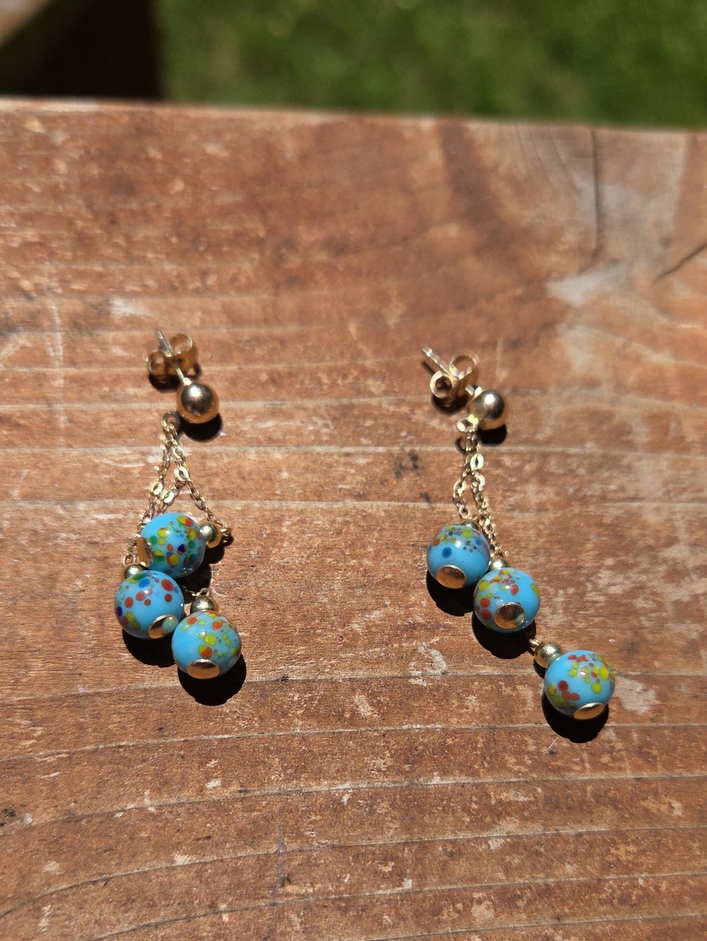 14k Gold Murano Millefiori Turquoise Bead Earrings
